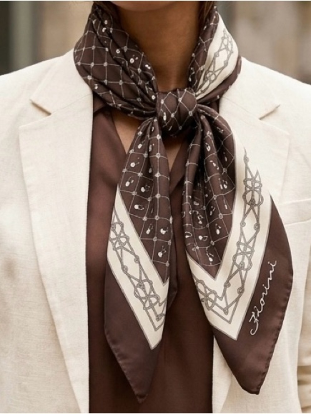 Fiorini authentic piece of vintage Italian design scarf brown and cream 30”x30